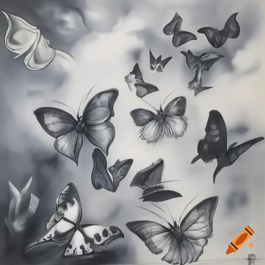 Surreal black and white ink drawing of butterflies in steampunk style