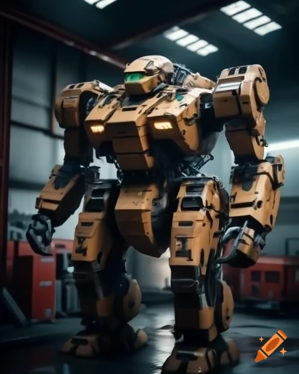 Mecha robot in garage being repaired by old man, hyper realistic details