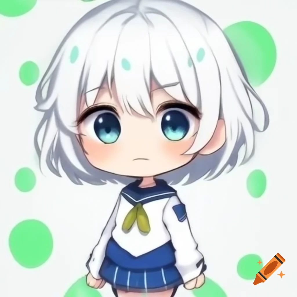 Anime chibi character with white hair and blue tears, wearing a white outfit