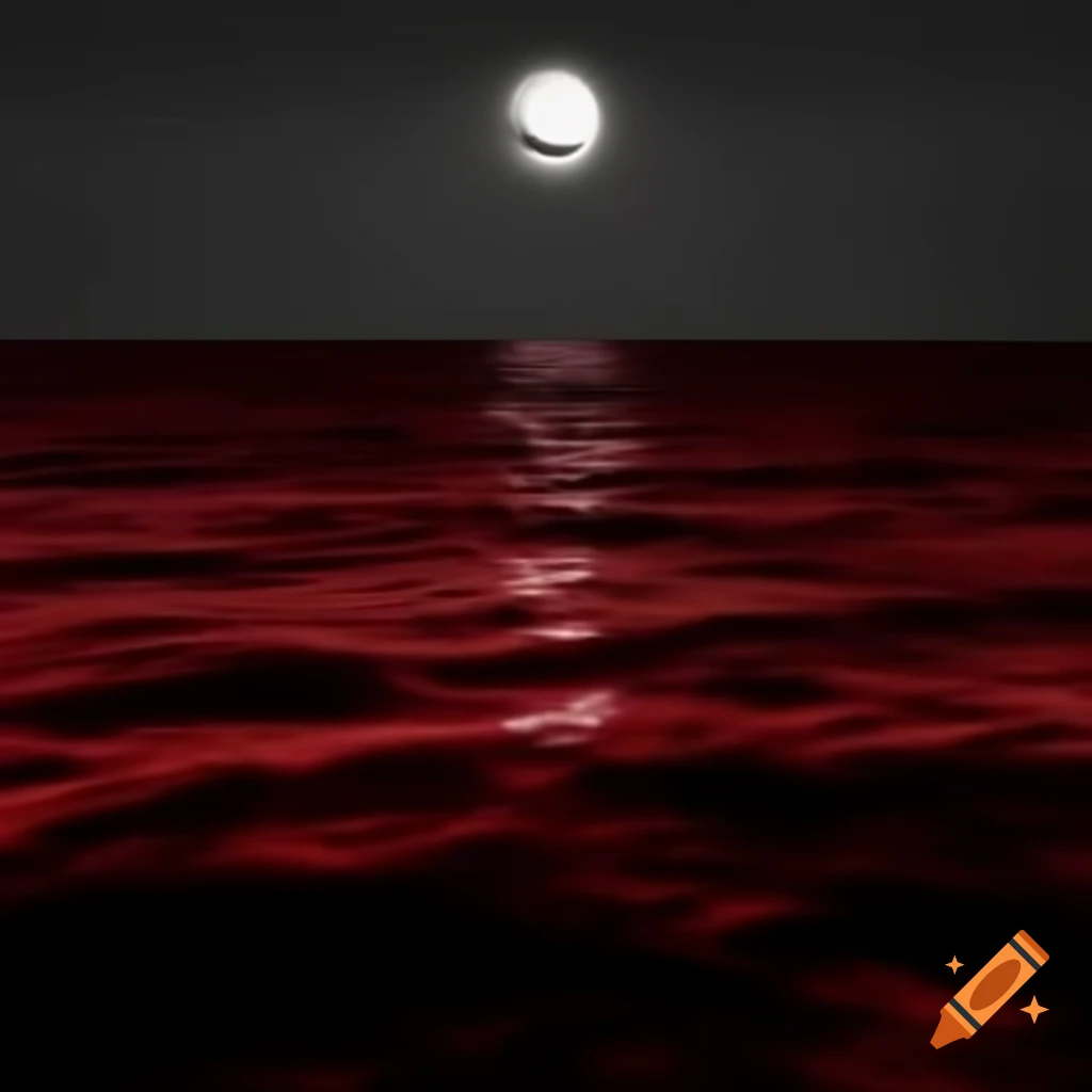 Ominous red ocean with blond moon in the background