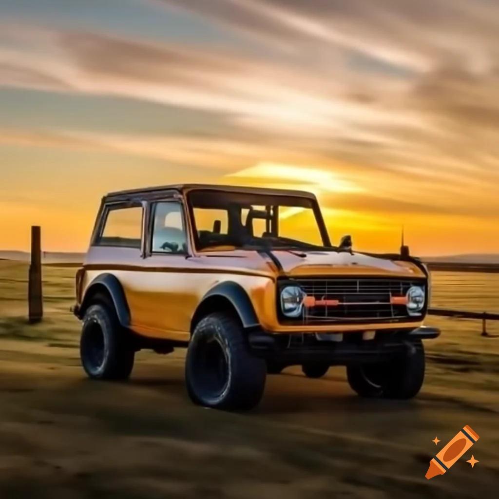 Old Ford Bronco in a field at sunset with barbed wire fence