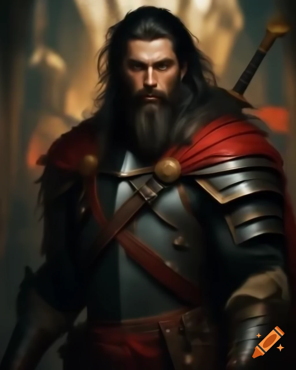 Handsome young adult male in fantasy armor with sword and shield