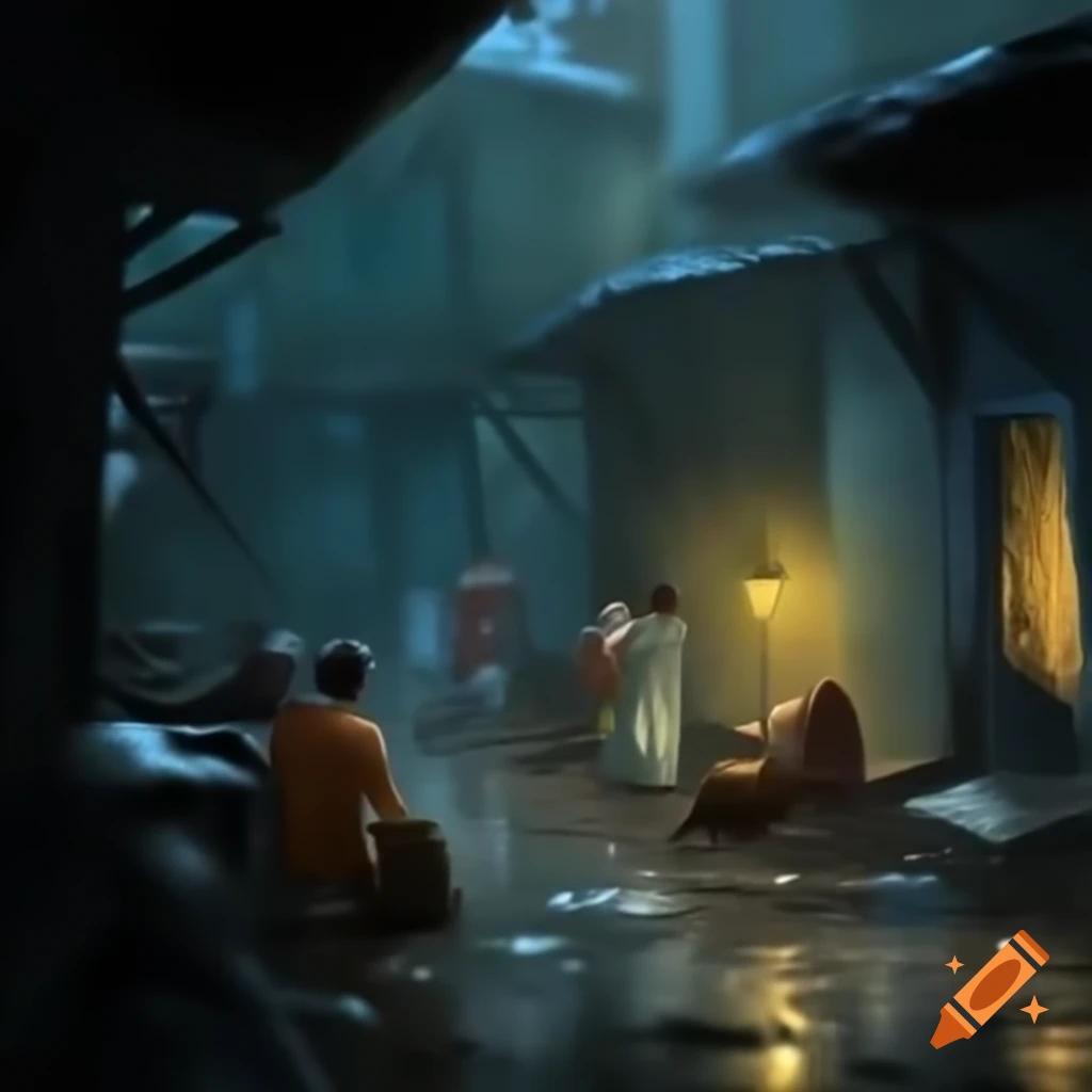 Rainy night in a ruined medieval slum with beggars