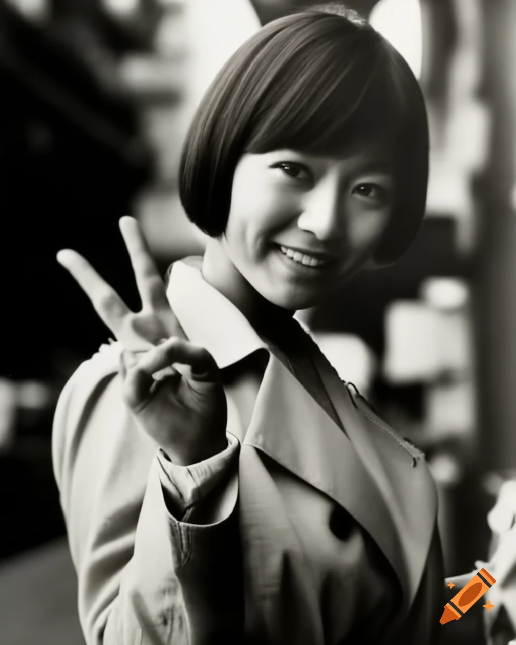 Vintage photo of Japanese actress making peace sign in street, 1960s style