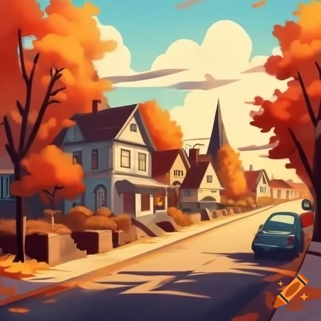 Cozy town houses and street in autumn colors, afternoon scene