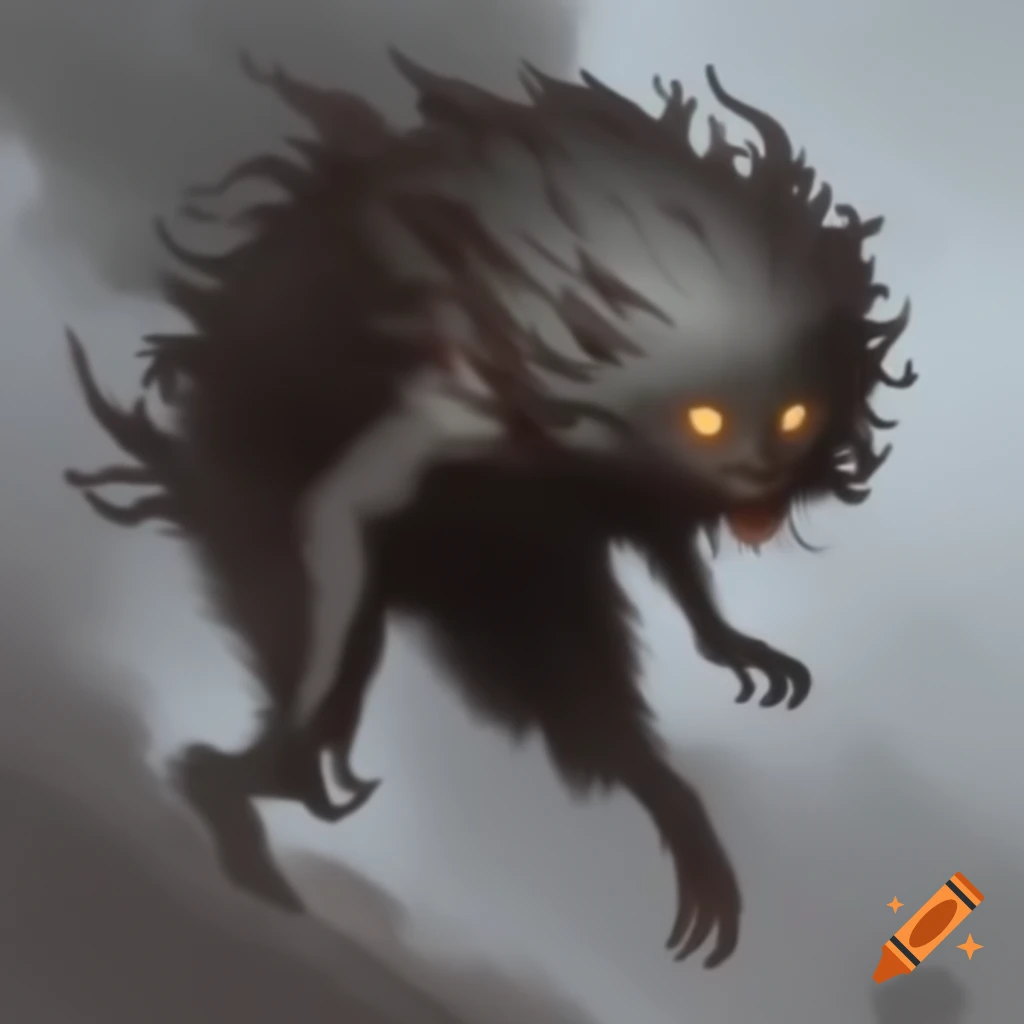 Surreal gaseous humanoid monster with fins hovering behind a man with fluffy brown hair