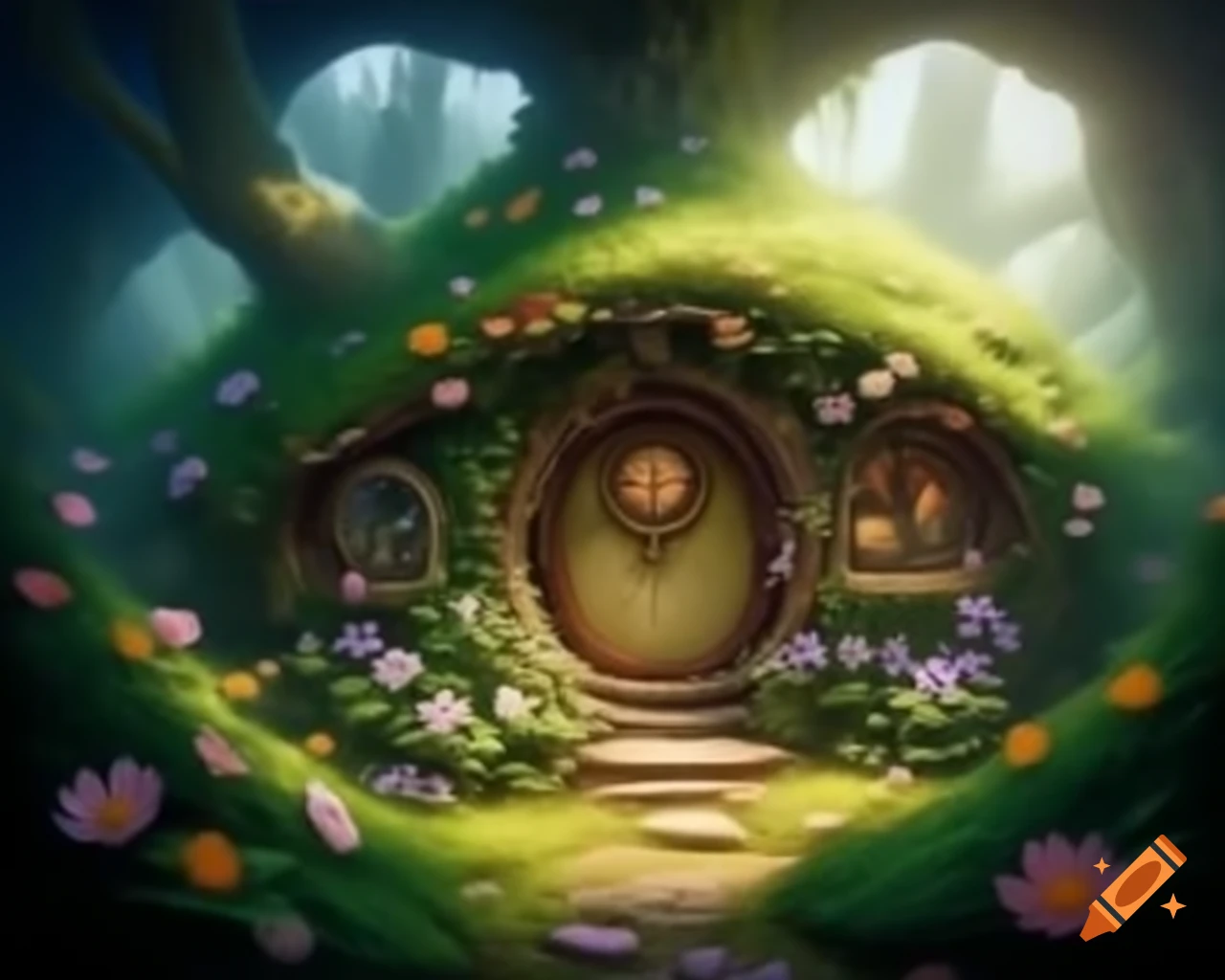 Cozy hobbit house in a lush cave full of vines and vegetation