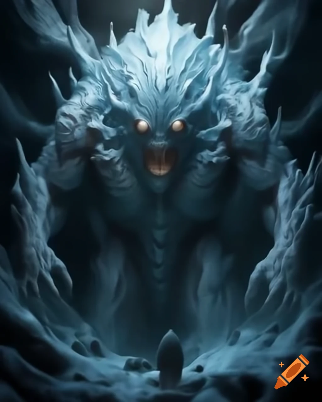 Hyper realistic giant ice golem with sharp teeth
