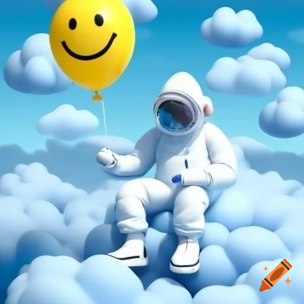 Rapper in hazmat suit sitting on clouds holding yellow balloon