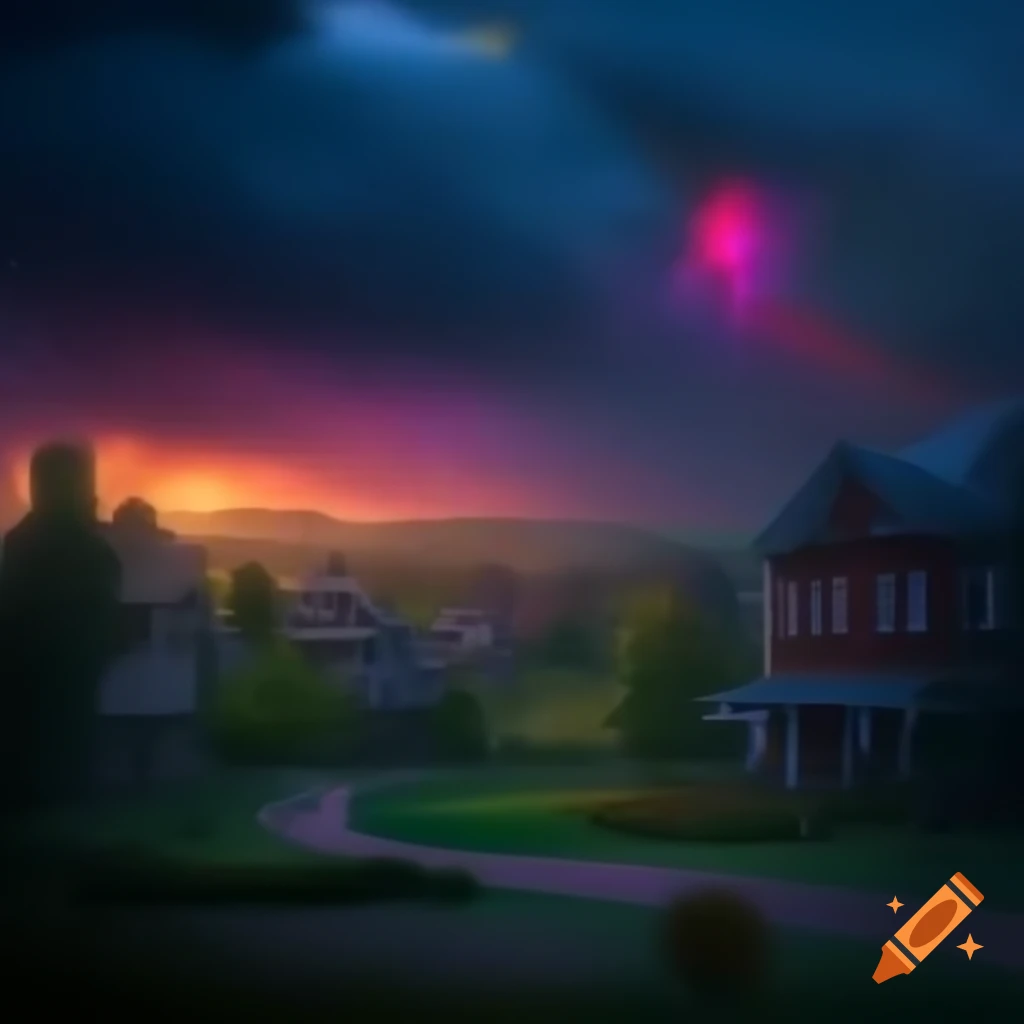 Gloomy suburbs under ethereal rainbow in digital art