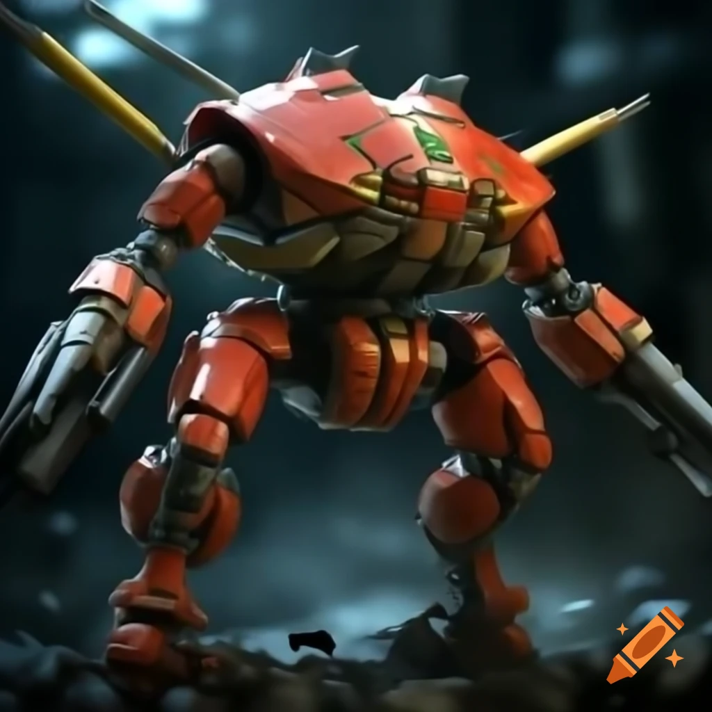 Bipedal crab mecha armed with sword and laser gun in gritty realism style