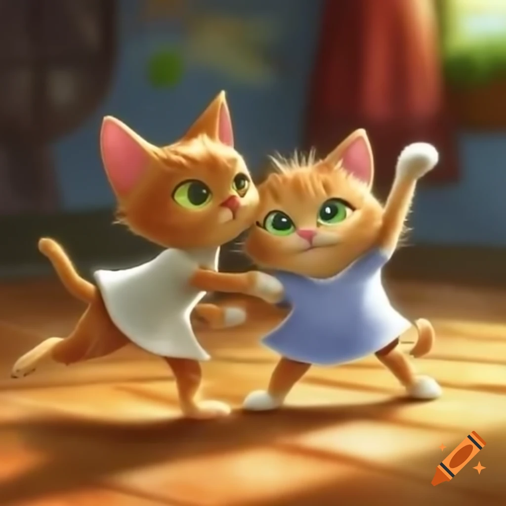 Kittens dancing playfully in a joyful farewell scene
