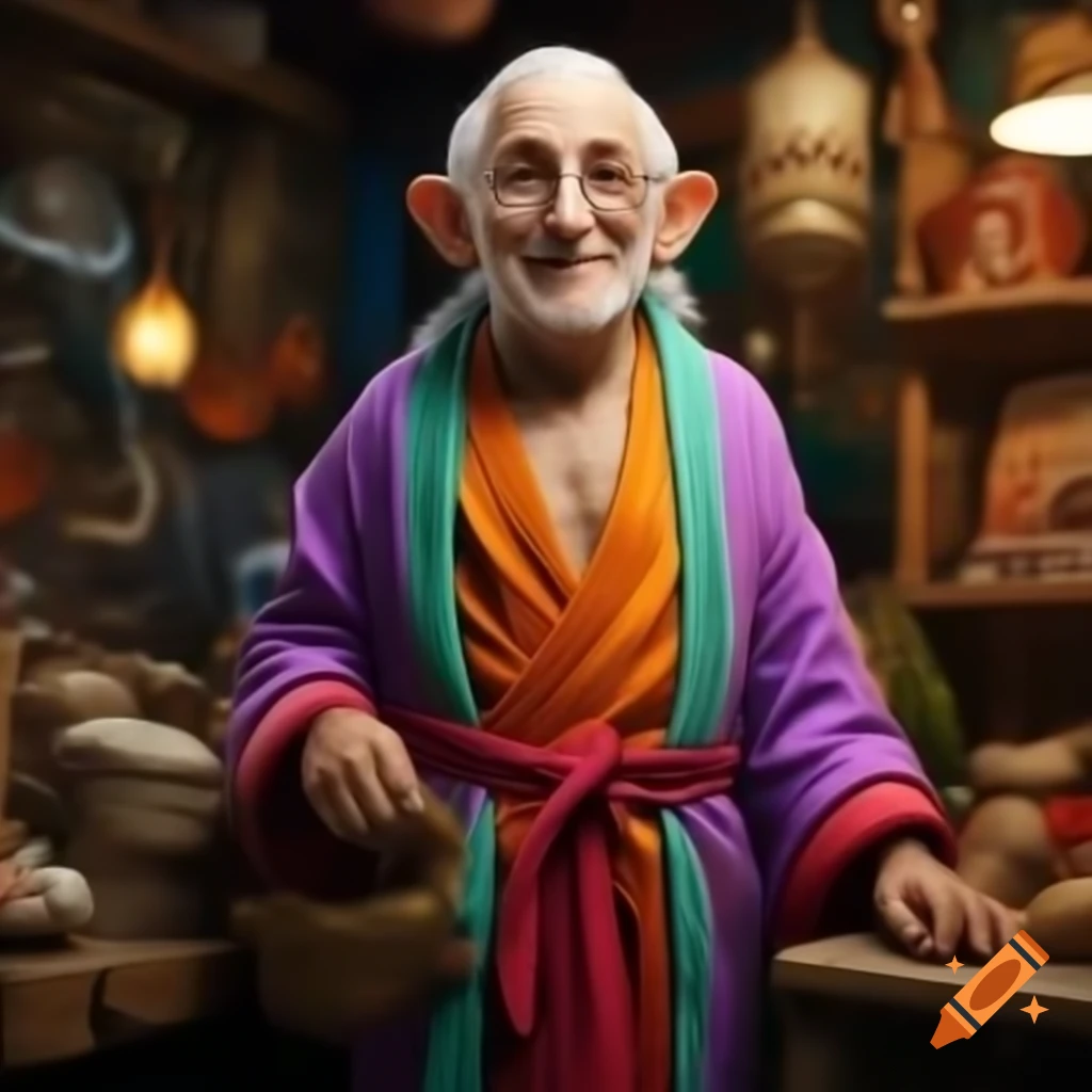 Eccentric shop owner in colorful robes smiling warmly