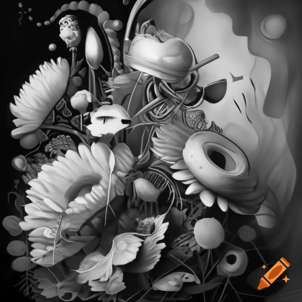 Surreal black and white ink drawing of flowers in steampunk style