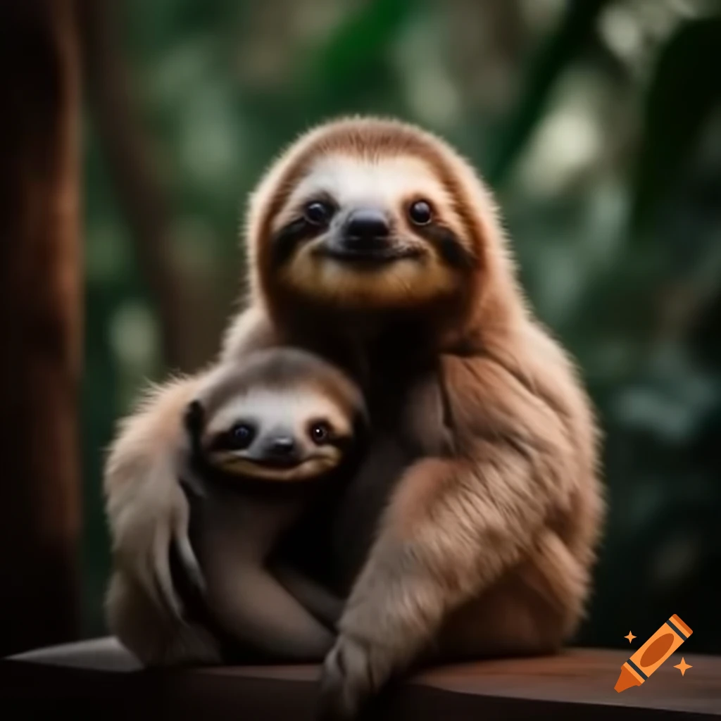 Baby two-toed sloth sitting on stool in jungle