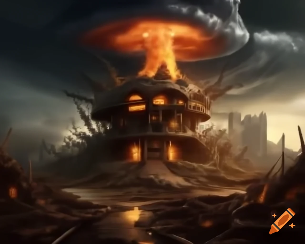 Fantasy post-apocalyptic mushroom house with tornado and ruins in dramatic detail
