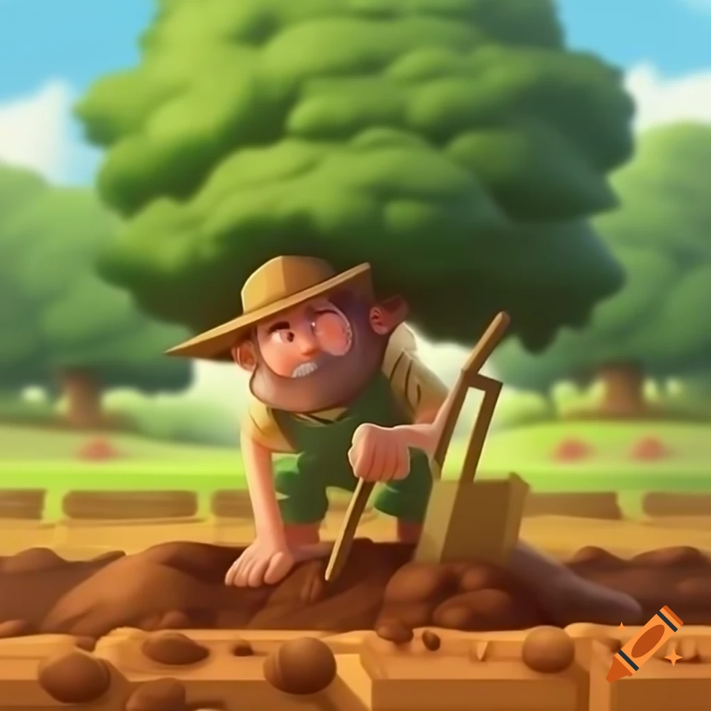 Cartoonish farmer digging under oak tree and discovering garlic
