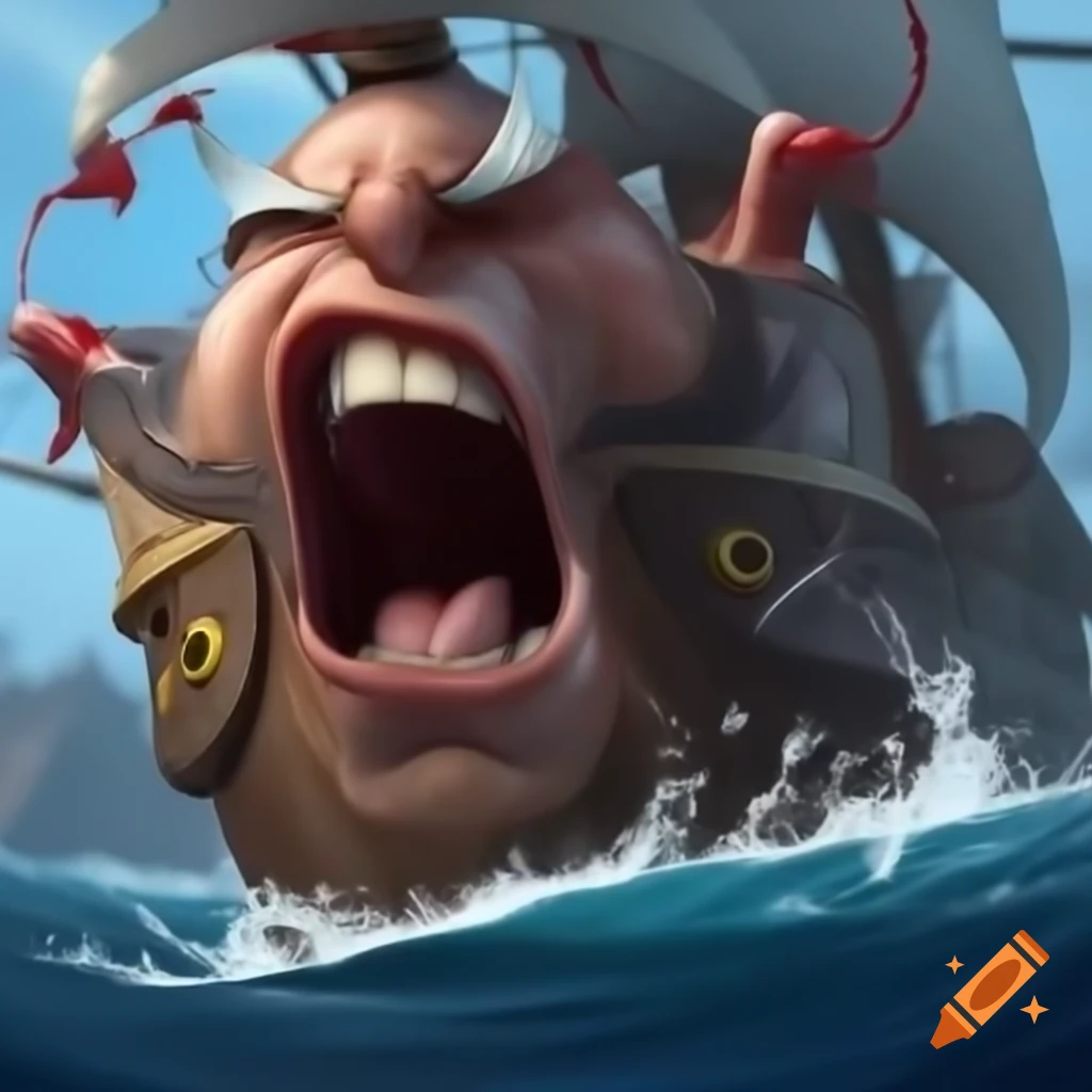 Laughter-filled pirate with tears on ship at sea