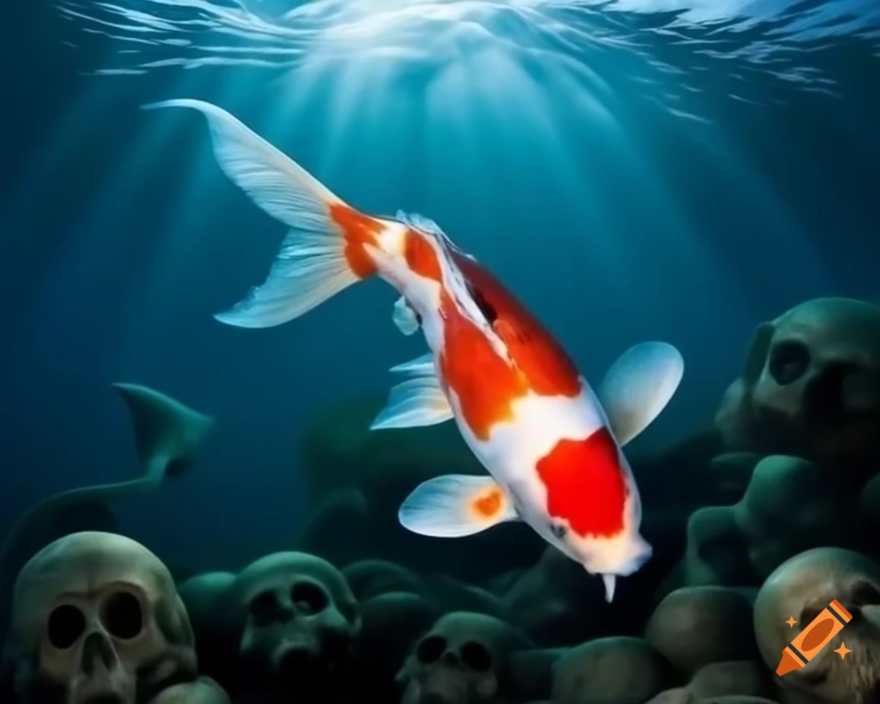 Koi fish swimming among enormous skulls in hyper-realistic photography