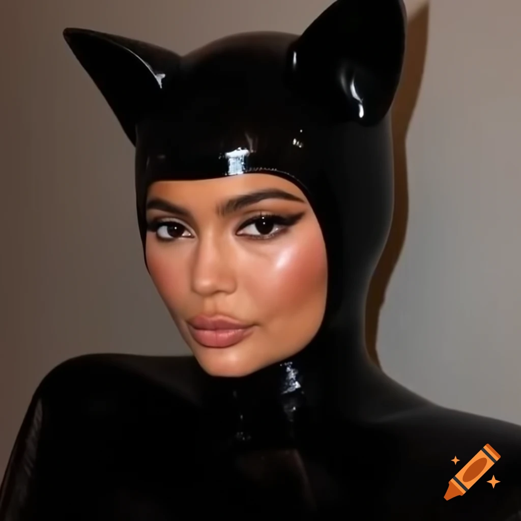 Kylie Jenner inspired cat costume featuring latex and cat head design