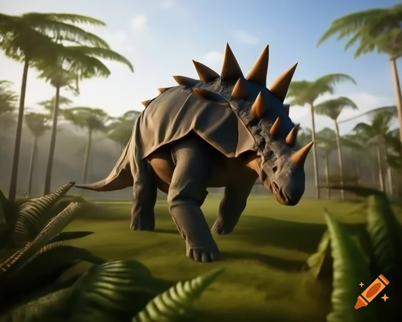 Ankylosaurus walking in prehistoric fern prairie with Diplodocus in background