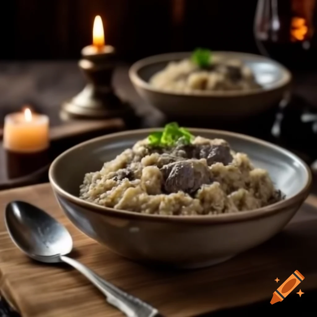 Bowl of truffle risotto with wine and candle in background, food photography