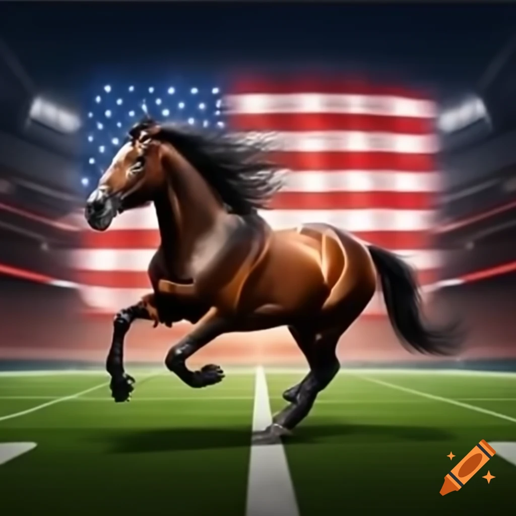 Horse running on American football field with logo, digital art