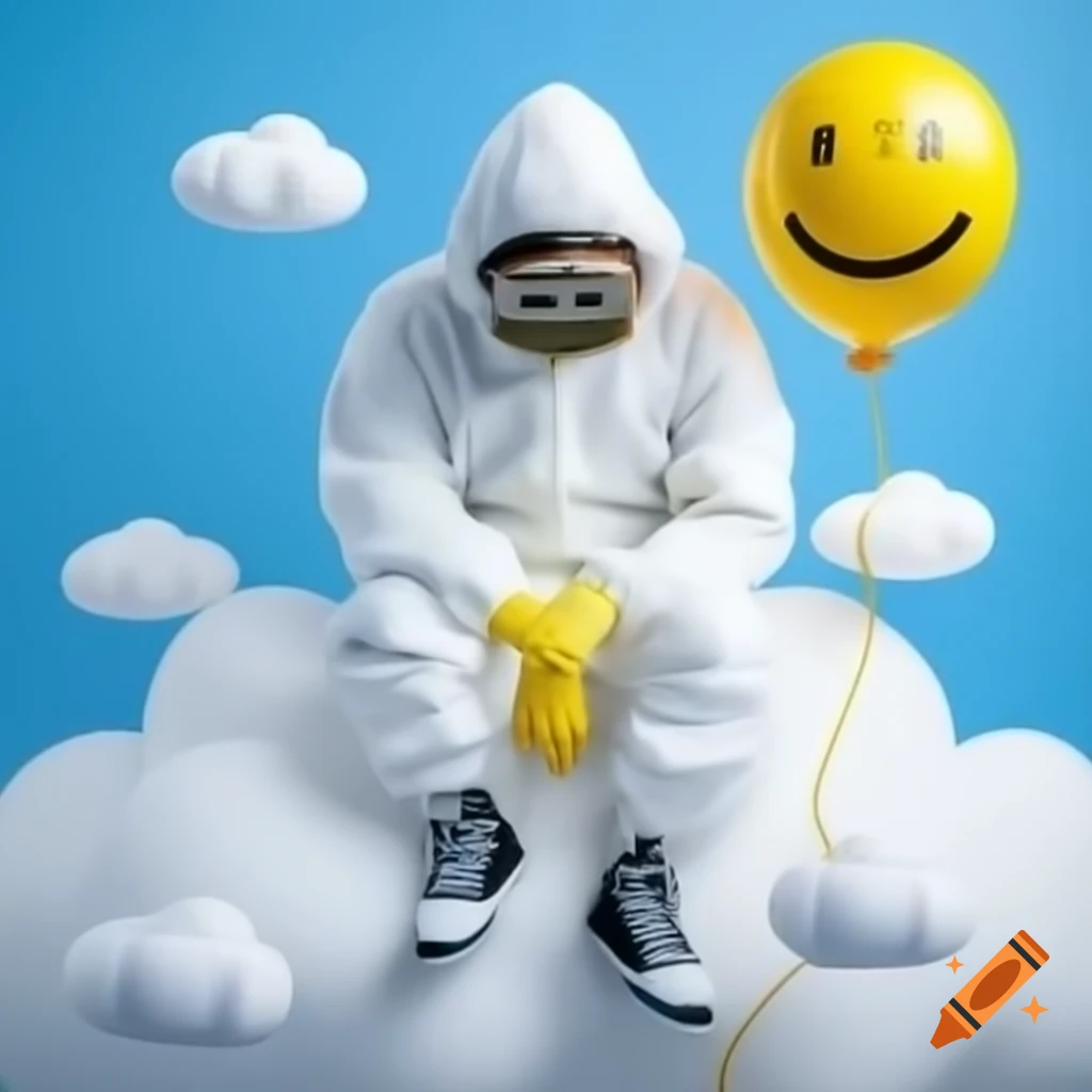 Rapper in hazmat suit sitting on clouds holding yellow balloon and smiling