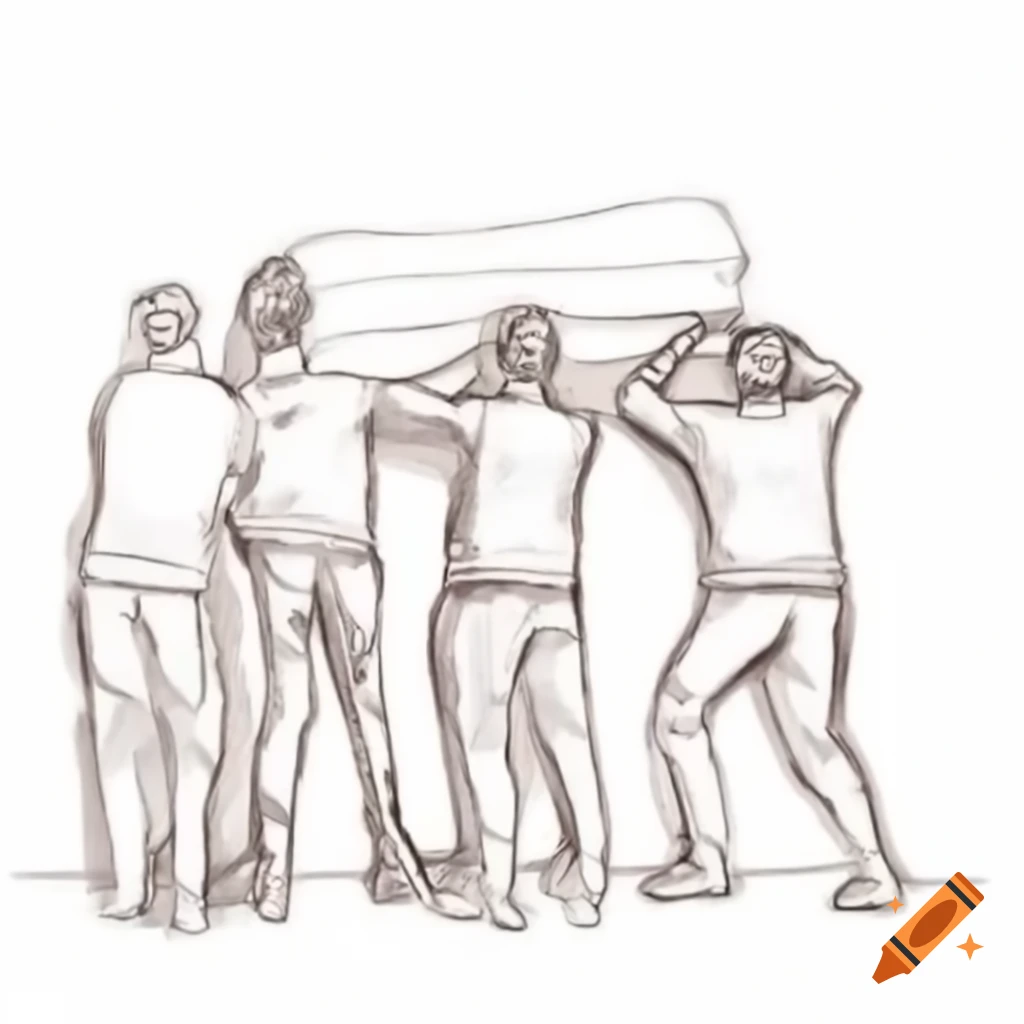 Sketch of five people against a wall viewed from a soldier's perspective