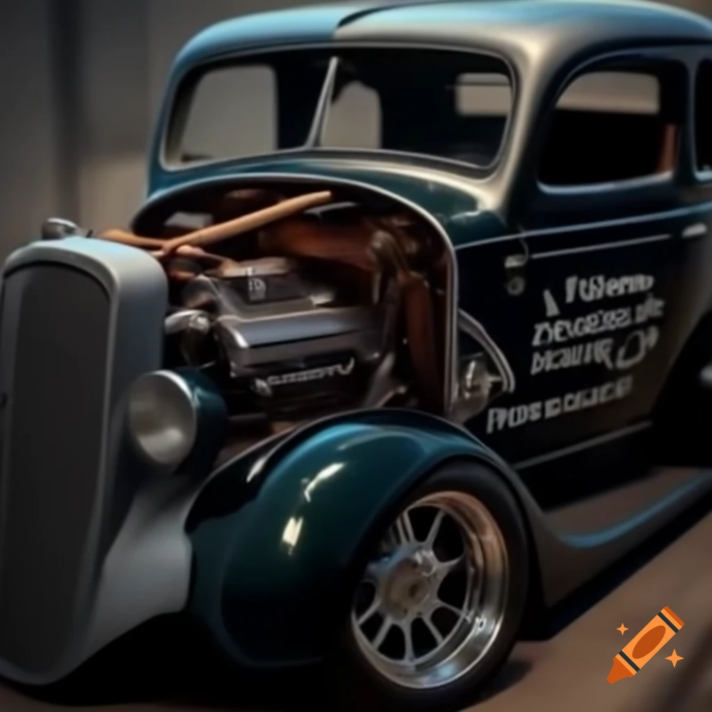 Realistic image of a 1938 Graham Paige Nissan Model 70 hot rod without hood