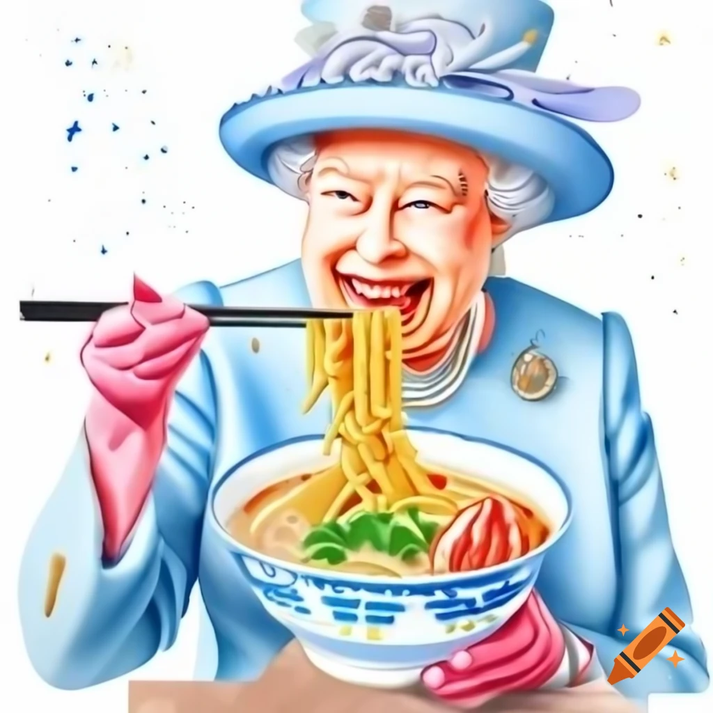 Watercolor painting of queen elizabeth ii enjoying ramen noodles with