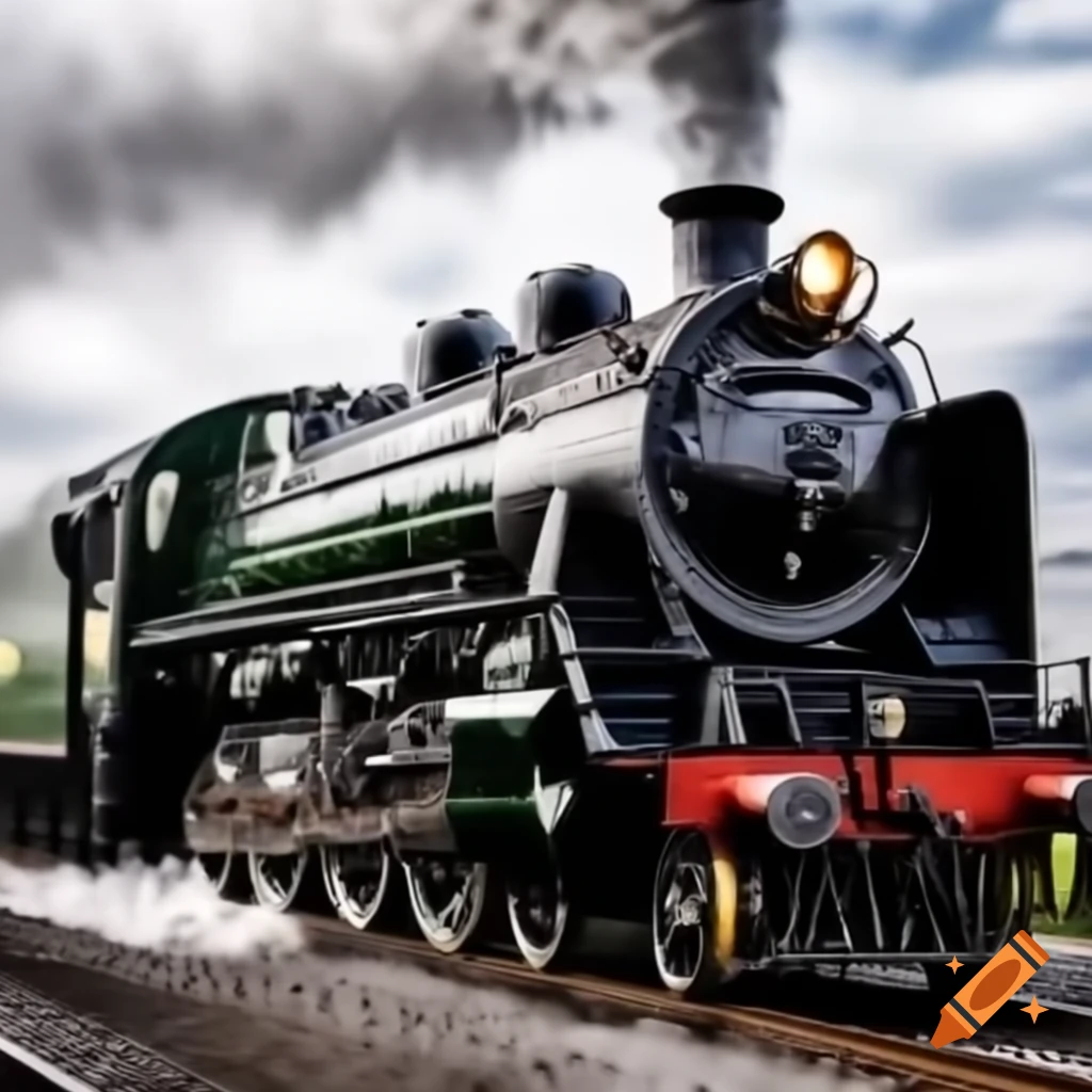 Steam powered locomotive in motion