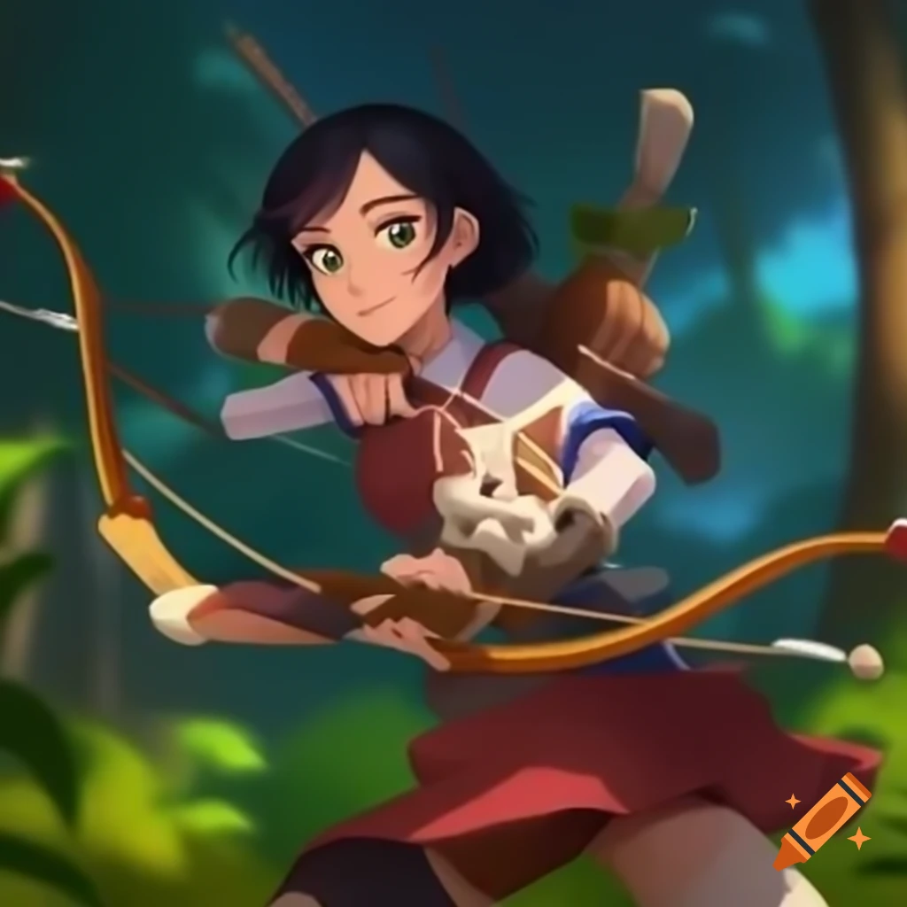 Female anime character as a bow hunter with a pet