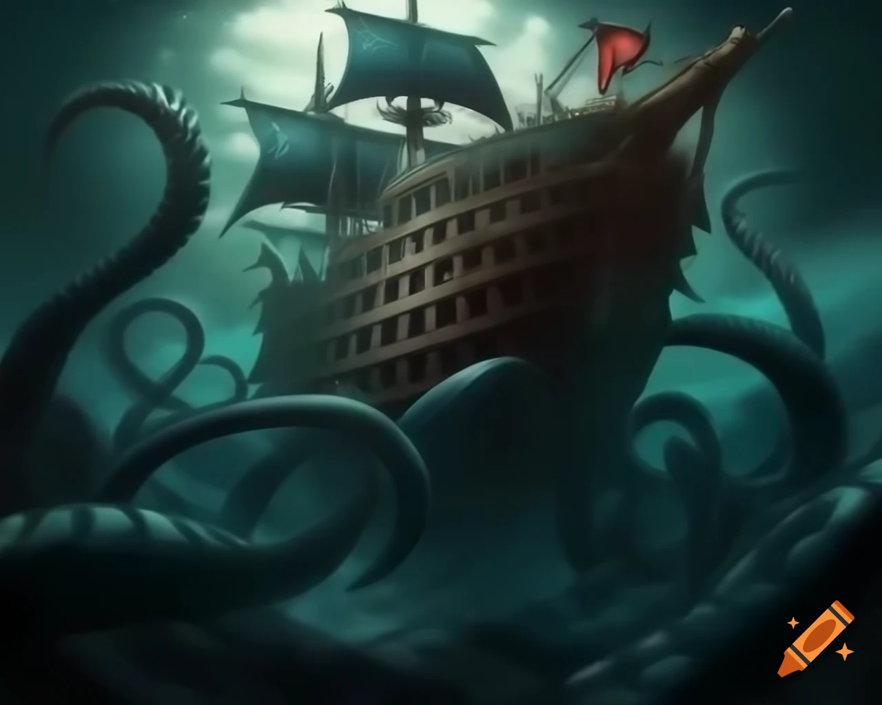 Pirate ship being attacked by giant sea monster with sharp tentacles and teeth, dark fantasy art