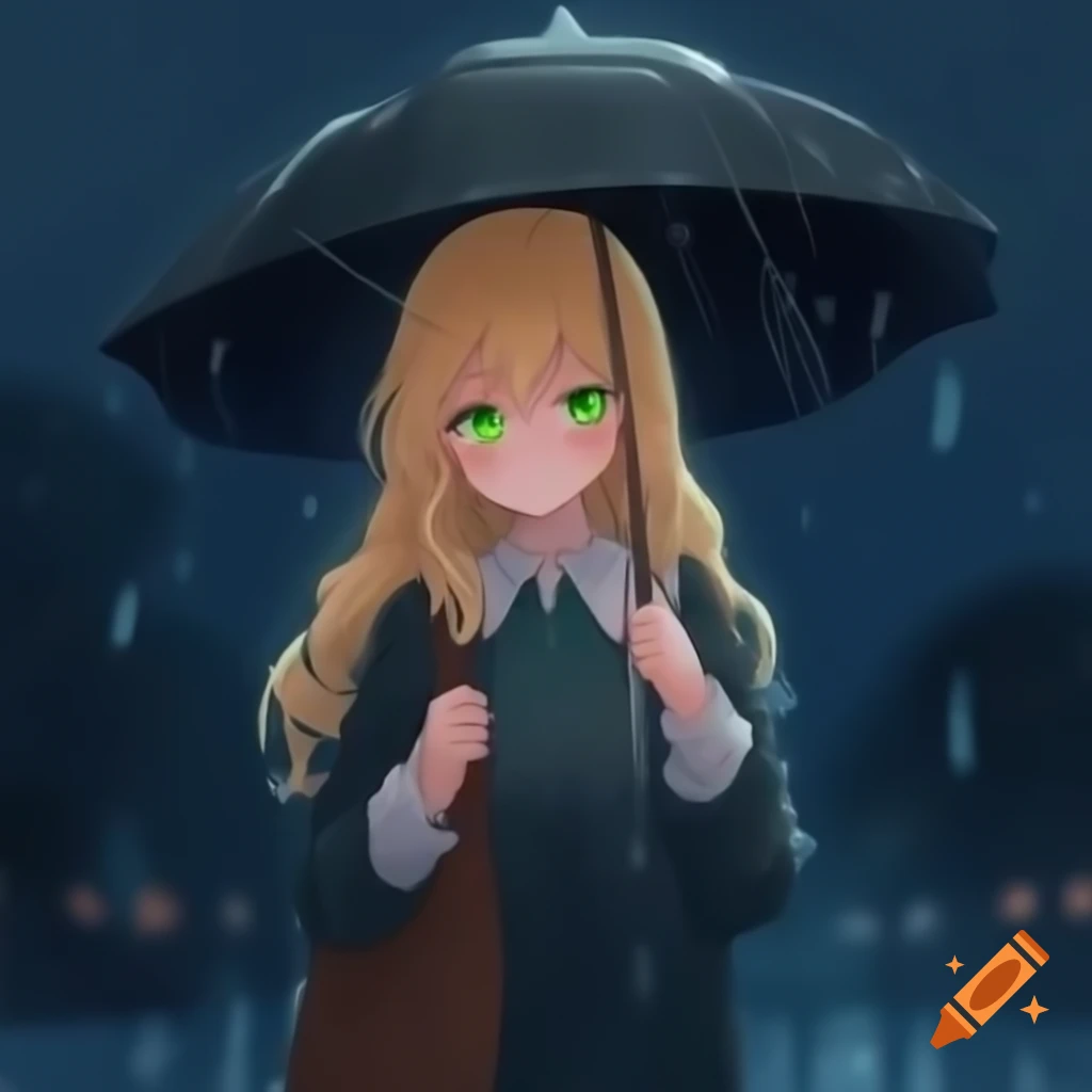 Anime girl with blonde wavy hair and green eyes holding umbrella in the rain at night