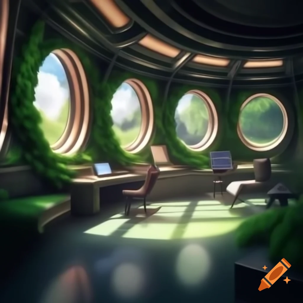 Art studio inside spaceship with oval windows and ivy-covered walls
