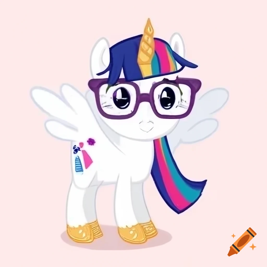 Sparkle fusion unicorn wearing glasses with an overbite