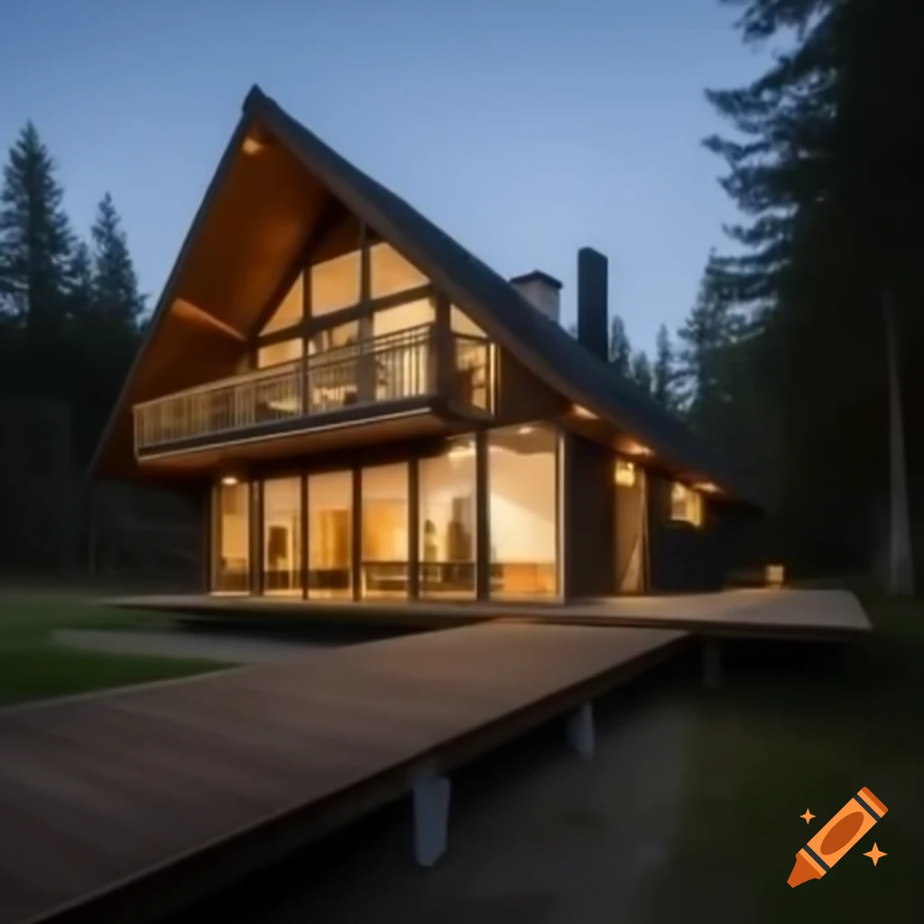 Large wooden house by a lake in the middle of a pine forest