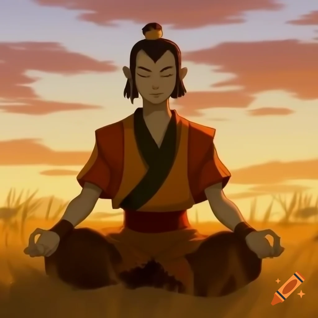 Avatar Last Airbender meditating in open field at sunrise