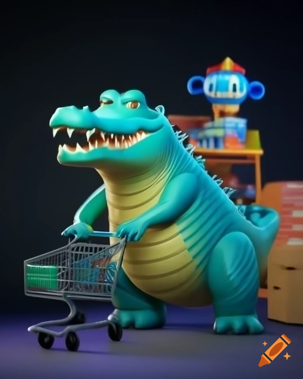 Sky blue crocodile shopping at walmart with cart in disney pixar 3d