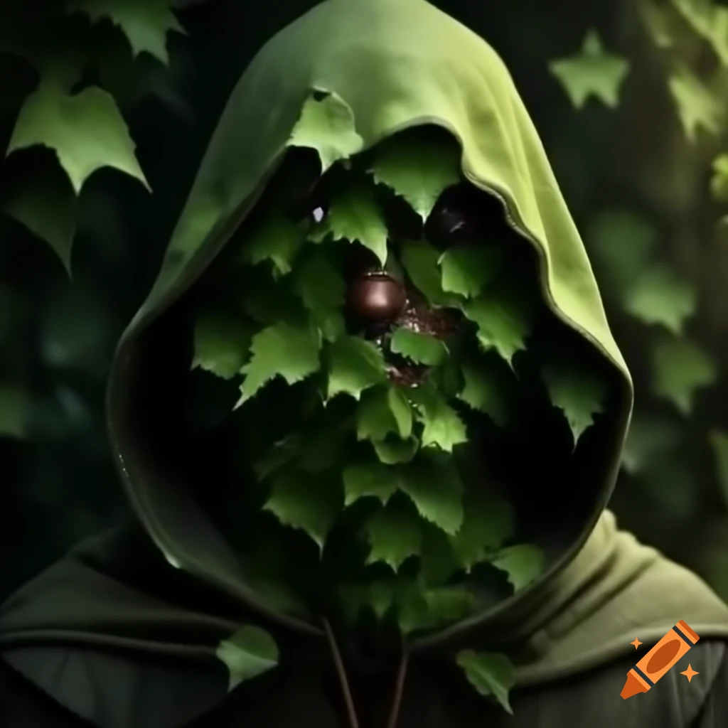 Hooded cloak adorned with ivy leaves, faceless portrait