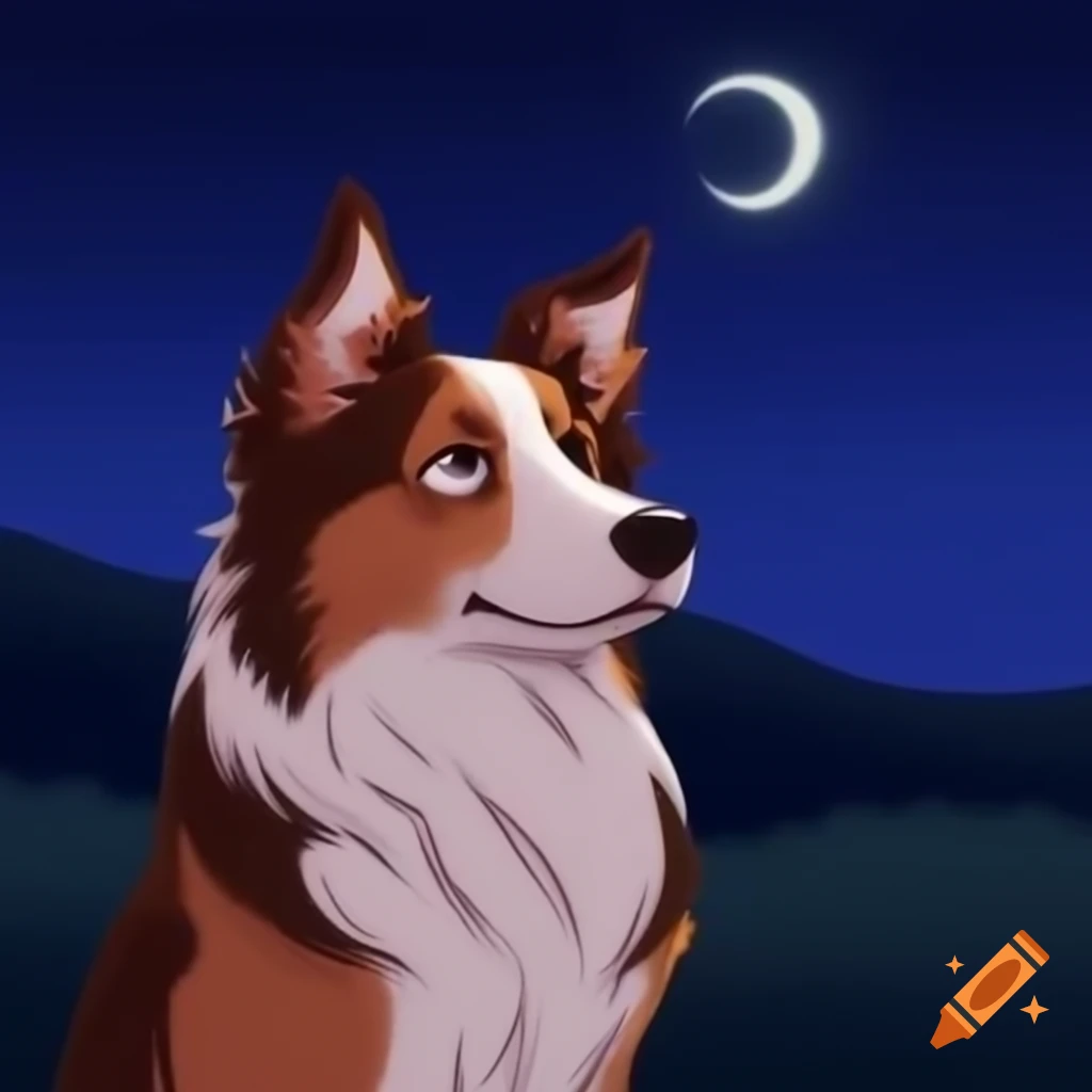 Red merle border collie gazing at night sky and Big Dipper constellation
