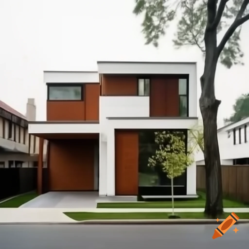 Modern brown and white two-storey house beside trees