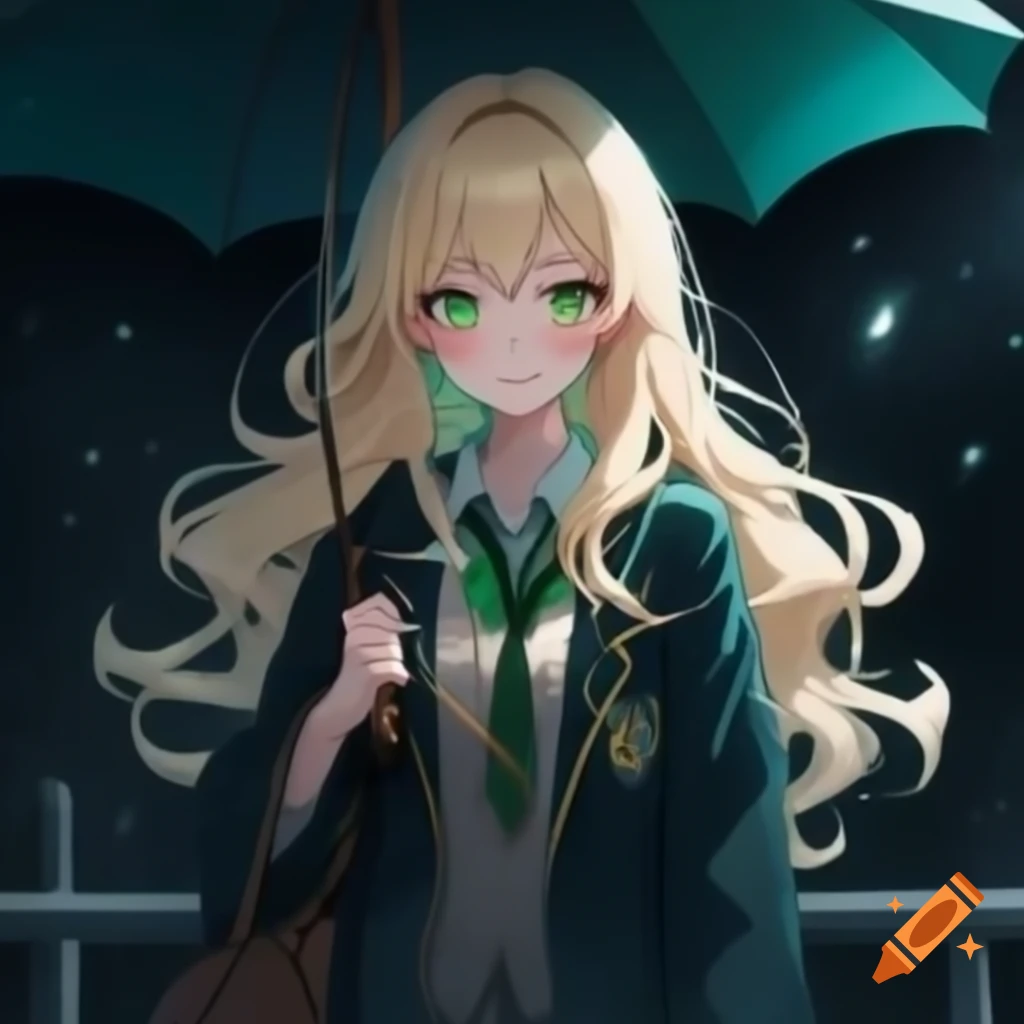 Female college student with blonde wavy hair and green eyes holding an umbrella at night in Scum's Wish anime art style