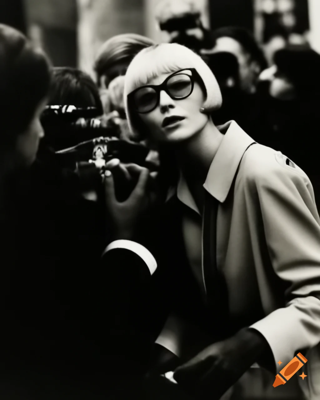 Award-winning vintage paparazzi photo featuring a female time traveler in a beige trench coat and 1960s hairstyle