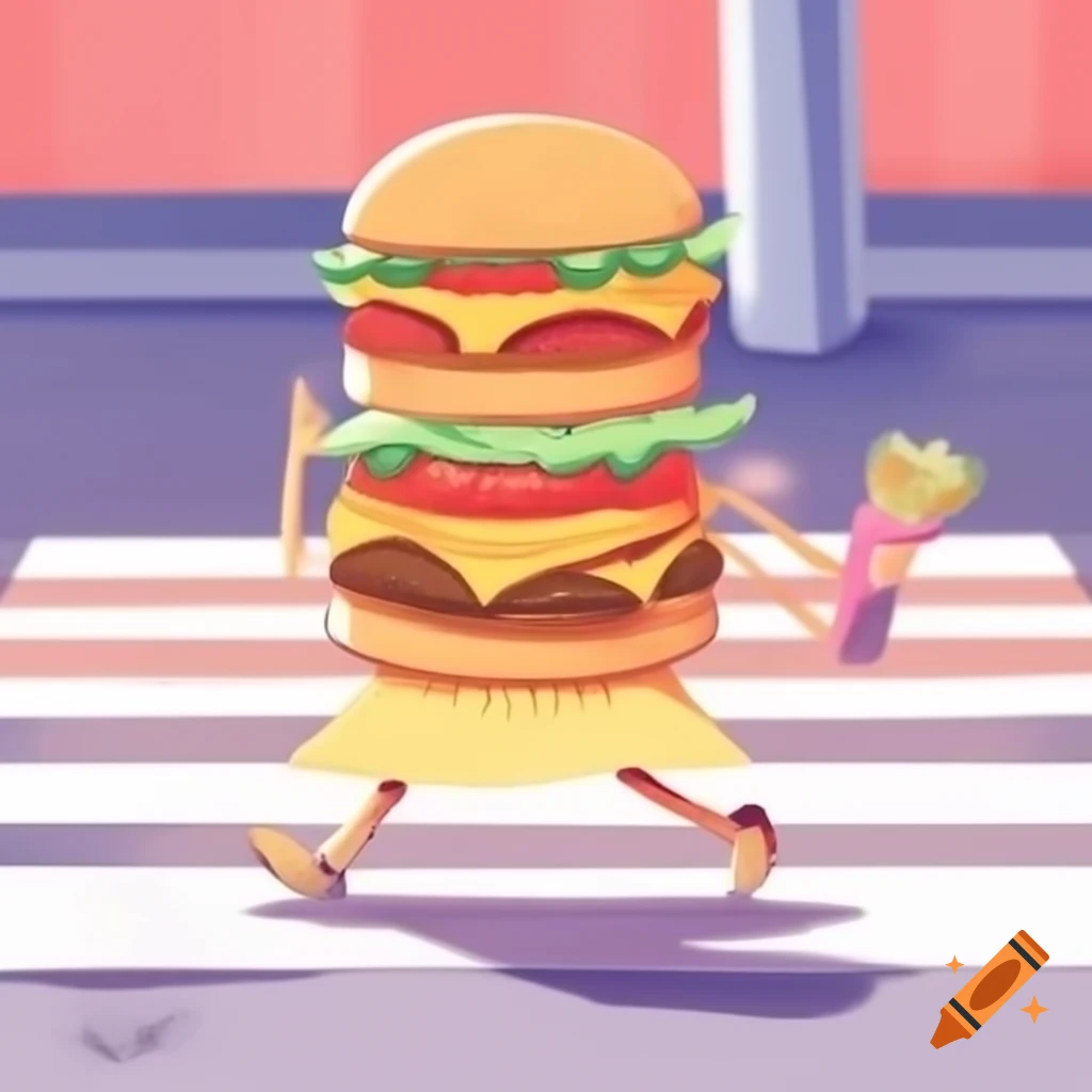 Whimsical illustration of food walking on pedestrian lane, featuring pasta, pizza, and burger with soft colors