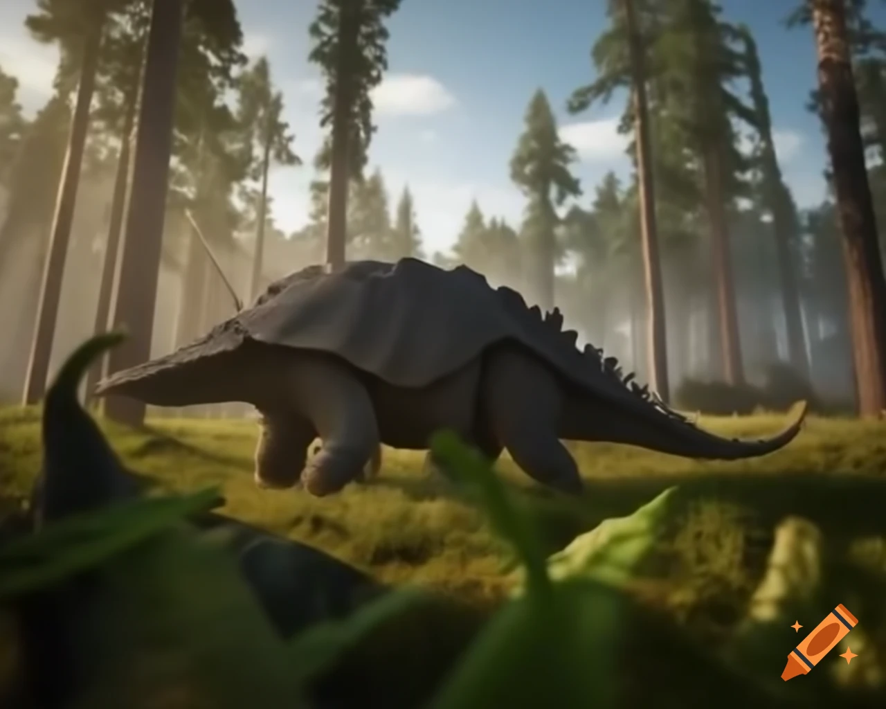 Ankylosaurus walking in prehistoric fern prairie under summer sunlight