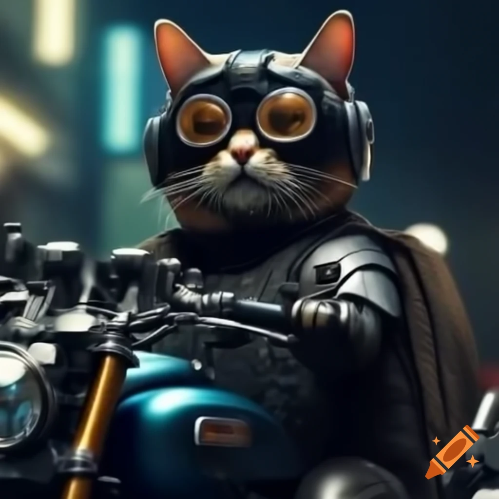 Cat in Robocop costume riding a motorcycle in cyberpunk setting