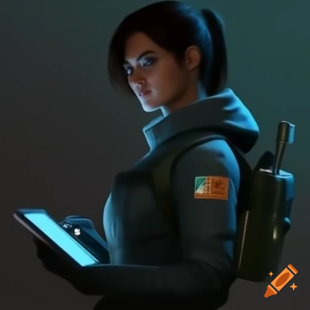 Woman in spec ops gear holding tablet facing right