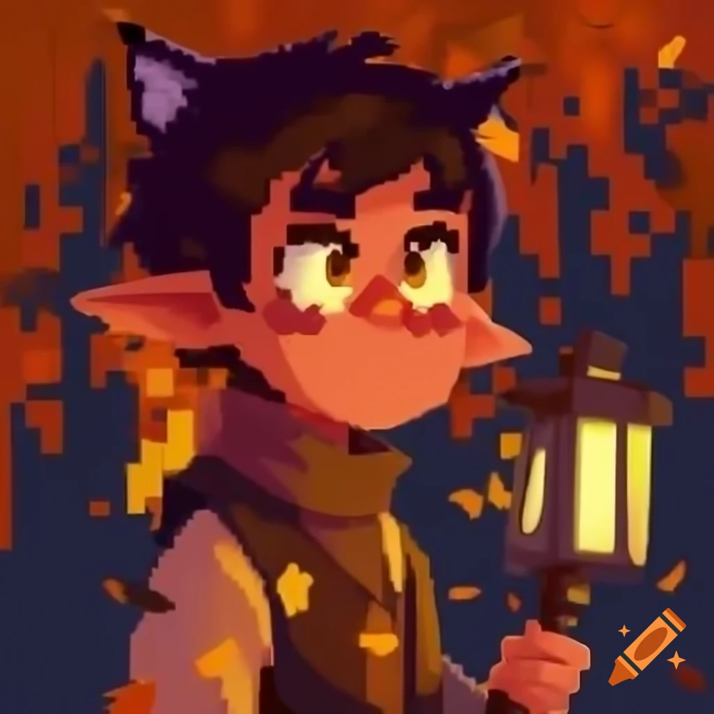 Pixel art portrait of confident boy with lynx ears holding a lantern, autumn colors